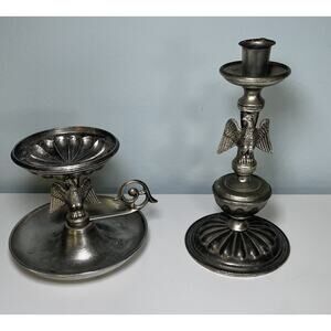 Vintage silver tone American Eagle Metal Pillar Candle Holder